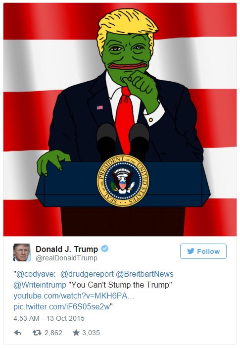 Il tweet di Donald di Trump con il meme di Pepe the Frog. Perpetual revolution international center of photography