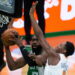 Boston Celtics guard Jaylen Brown (L) takes a shot under defending New York Knicks guard RJ Barrett (R) ANSA/EPA/CJ GUNTHER