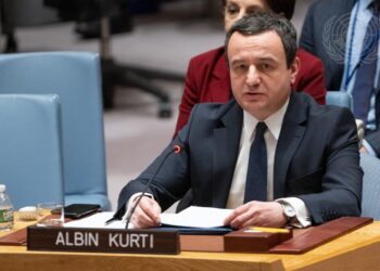 Albin Kurti, Prime Minister of Kosovo, briefs the Security Council meeting on discussion of developments in Kosovo. (UN Photo/Eskinder Debebe)
