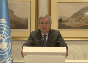 UN Secretary-General António Guterres speaking to the press in Doha. (UN)