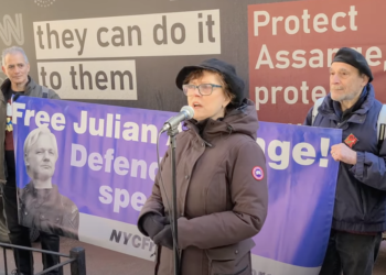 Susan Sarandon durante la manifestazione pro-Assange a New York (da youtube)