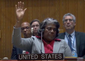 L'Ambasciatrice Linda Thomas-Greenfield alza il braccio per segnalare l'astensione degli Stati Uniti e consentendo così il passaggio della risoluzione per il cessate il fuoco a Gaza. (Screenshot)
