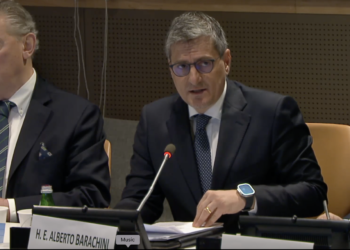 Alberto Barachini,  sottosegretario alla Presidenza del Consiglio, durante il suo intervento all'ONU (Screenshot)