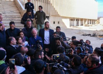 The Special Envoy for Syria, Geir Pedersen (centre), talks to the media at Sednaya prison. (UN Envoy for Syria/Tahseen Saour)