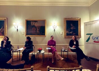 Le ambasciatrici che hanno partecipato all'incontro organizzato dalla missione italiana: da sin. Christina Markus-Lassen (Danimarca) Sheikha Alya Ahmed bin Saif Al-Thani (Qatar), Egriselda López (El Salvador) e Suela Janina (Albania). (Photo Missione Italia Nazione Unite)