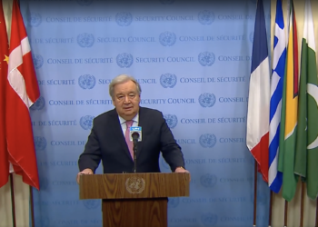 Il Segretario Generale dell'ONU Antonio Guterres allo stake out del Consiglio di Sicurezza (Screenshot)