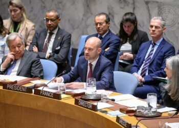 Jean-Noël Barrot (centre at table), Minister for Europe and Foreign Affairs of France and President of the Security Council for the month of April, chairs the Security Council meeting on the situation in the Middle East, including the Palestinian question. At left is Secretary-General António Guterres. (UN Photo/Loey Felipe)