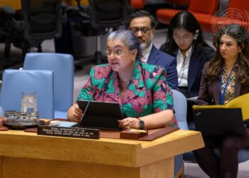Hanna Serwaa Tetteh, Special Representative of the Secretary-General for Libya and Head of the United Nations Support Mission in Libya (UNSMIL), briefs the Security Council meeting on the situation in Libya. (UN Photo/Loey Felipe)