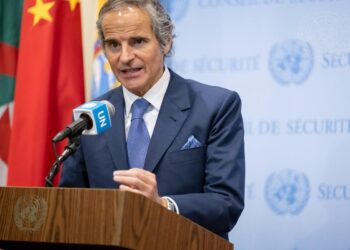 Rafael Mariano Grossi, Director-General of International Atomic Energy Agency, briefs reporters at UN Headquarters. (UN Photo)