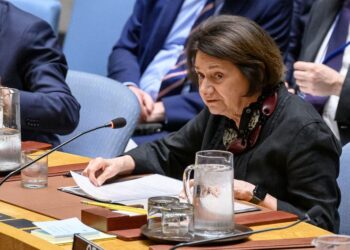 Rosemary DiCarlo, Under-Secretary-General for Political and Peacebuilding Affairs, addresses the Security Council meeting on maintenance of peace and security of Ukraine. (UN Photo/Loey Felipe)