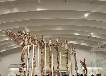Asmat sculptures from New Guinea in the Oceania gallery of the newly reopened Michael C. Rockefeller Wing at the Metropolitan Museum of Art, New York.