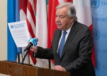 Addressing reporters outside the Security Council, the UN Secretary-General António Guterres on Friday outlined a five-stage plan to provide lifesaving aid to the stricken population of Gaza, making clear the organization will not take part in any scheme that fails to respect international law or basic humanitarian principles. (UN Photo - Evan Schneider)
