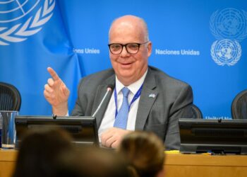 Evangelos Sekeris, Permanent Representative of Greece to the United Nations and President of the Security Council for the month of May, briefs reporters on the Security Council programme of work for the month. (United States of America)