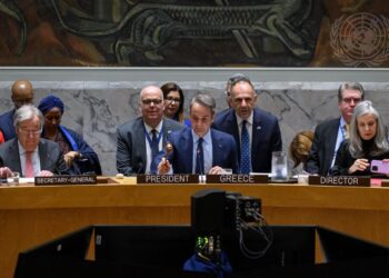 Kyriakos Mitsotakis (centre), Prime Minister of the Hellenic Republic and President of the Security Council for the month of May, chairs the Security Council meeting on strengthening maritime security through international cooperation for global stability under maintenance of international peace and security. At left is Secretary-General António Guterres and at right is Claudia Banz, Director of the Security Council Affairs Division of the Department of Political and Peacebuilding Affairs (DPPA). (UN Photo/Loey Felipe)