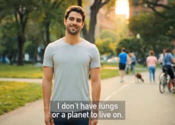 An artificially-generated actor, acknowledging his artificiality in EDP's new ad (YouTube screenshot: @europeandemocrats)