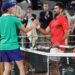 Jannik Sinner of Italy (L) celebrates winning his Men's semi-finals match as he shakes hands with Novak Djokovic of Serbia at the French Open Grand Slam tennis tournament at Roland Garros in Paris, France, 06 June 2025/ANSA/EPA/CHRISTOPHE PETIT TESSON