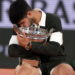 Carlos Alcaraz of Spain celebrates with the Coupe des Mousquetaires after winning his Men's final match against Jannik Sinner of Italy at the French Open Grand Slam tennis tournament at Roland Garros in Paris, France, 08 June 2025/ANSA/EPA/MOHAMMED BADRA