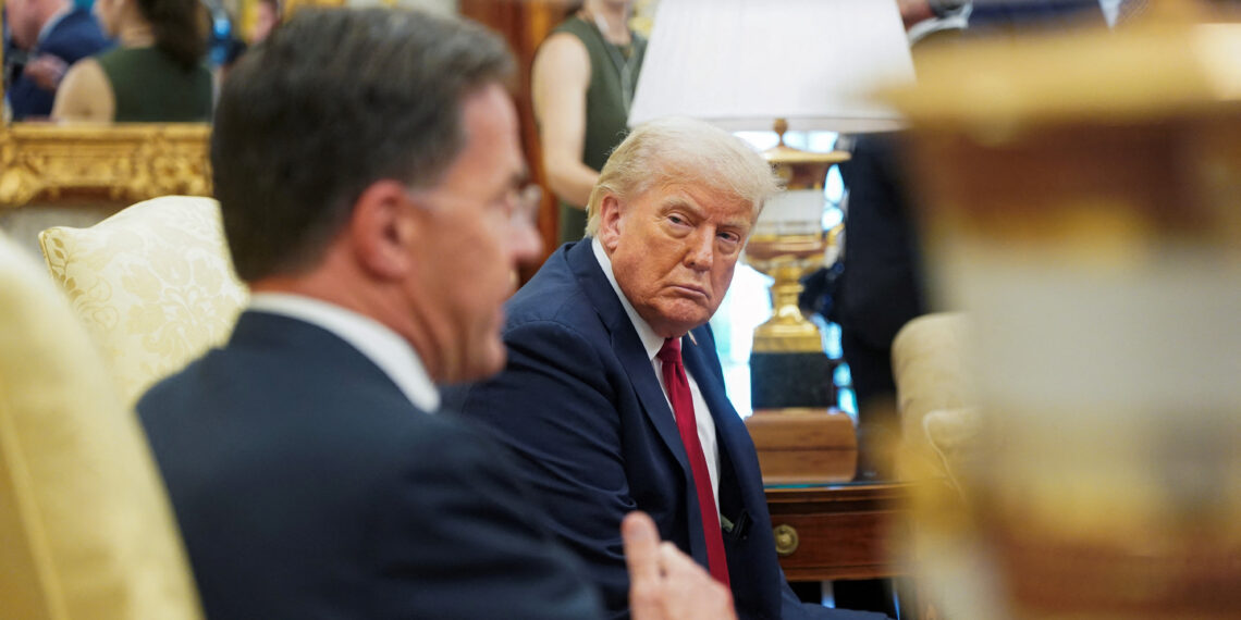 U.S. President Donald Trump meets with NATO Secretary General Mark Rutte, on the day President Trump announces a deal to get U.S. weapons to NATO, in the Oval Office at the White House in Washington, D.C., U.S., July 14, 2025. REUTERS/Nathan Howard