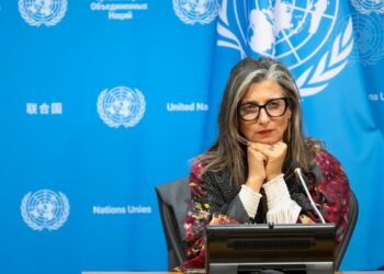 Francesca Albanese, Special Rapporteur on the situation of human rights in the Palestinian Territory occupied since 1967, briefs reporters at UN Headquarters - Credit: UN Photo/Mark Garten