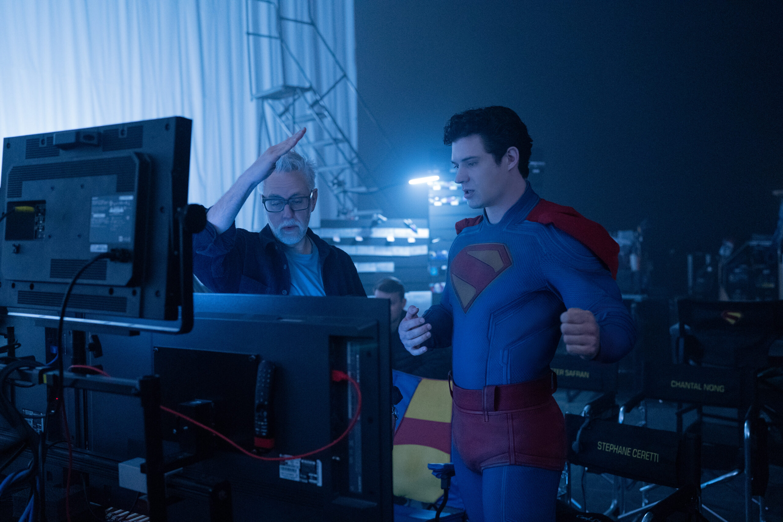 James Gunn and David Corenswet on the set of Superman. © 2025 Warner Bros. / DC. Photo: Greg Williams