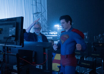 James Gunn and David Corenswet on the set of Superman. © 2025 Warner Bros. / DC. Photo: Greg Williams