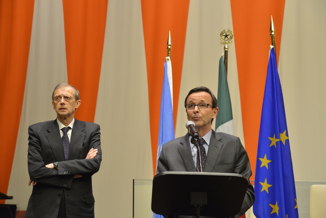 Piero Fassino e l'ambasciatore Sebastiano Cardi durante l'evento all'ONU