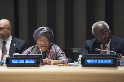Ellen Johnson Sirleaf (centre), President of the Republic of Liberia, addresses the International Ebola Recovery Conference